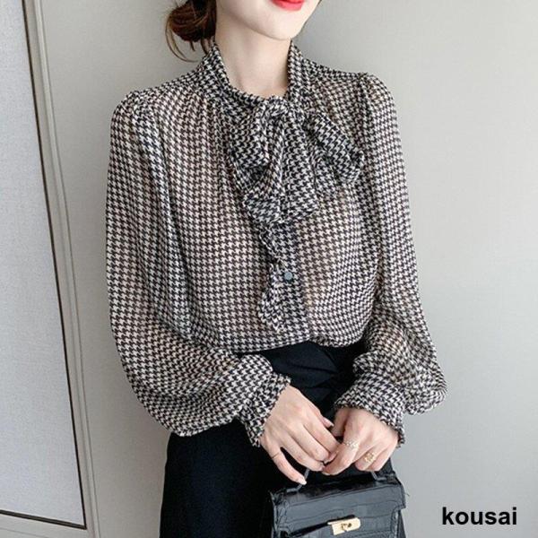 シフォン ブラウス 上品 トップス 長袖 グレンチェック リボン付き 通勤 レディース シフォンシャ...