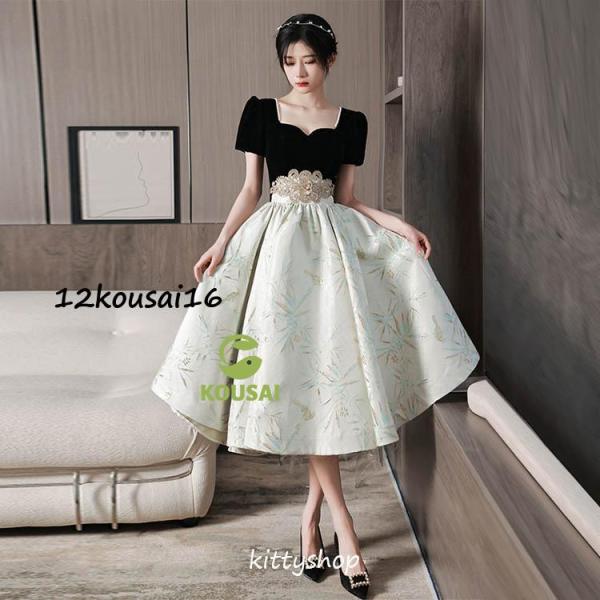 イブニングドレス 黒 ベロア ベルベット ロングドレス 発表会ドレス パフスリーブ エレガント プリ...