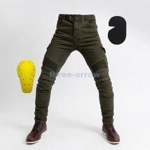 パンツ バイク用 デニム パンツ ライダーパンツ 通気 防風 耐磨 プロテクター装備＋パンツ ひざ 3点