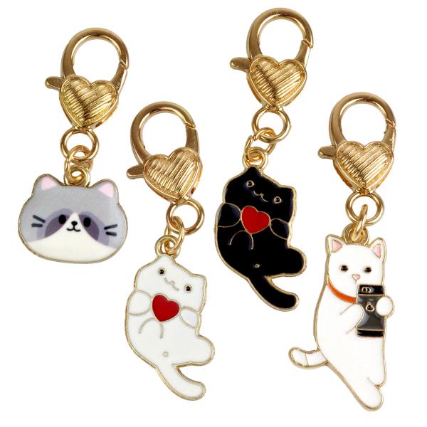 猫 キーホルダー 4個セット チャーム 各種1個入 ペア ハート アニマル かわいい 小さい 小型 ...