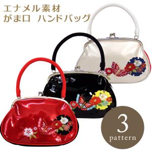 レディース エナメル 刺繍入り がま口 ハンドバッグ