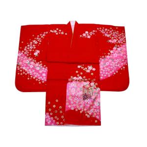 7歳用 フルセット 絵羽柄 四ッ身 着物 結び帯 大寸 箱せこセット 赤い