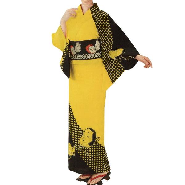 在庫処分品 お祭天国 きぬずれ 浴衣 反物  おかめ ひょっとこ イエロー 綿 ma-84-d