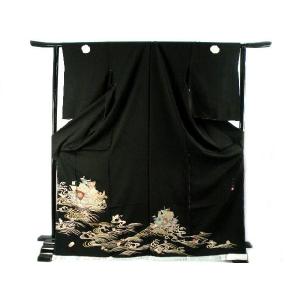 正絹【新品、未使用】６点フルセット【トールサイズ】極上逸品 金彩手描刺繡 黒留袖 黒留袖 お仕立て・付属品一式・五つ紋入れ込み 金彩加工 大名行列 豪華