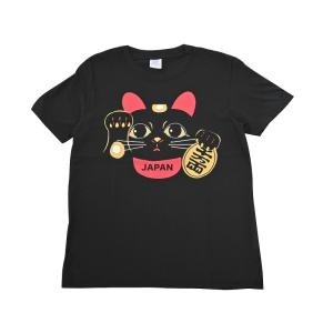 Tシャツ 半袖 綿 招き猫 ブラック 日本土産 Ｓ・Ｌサイズ  tk-313-A｜koyuki