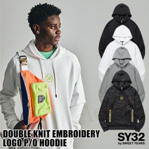 SY32 by SWEET YEARS  ダンボールニットプルオーバーフーディー DOUBLE KNIT EMBROIDERY LOGO P/O HOODIE パーカー ロゴプリント ストレッチ 正規販売店｜kp501no2