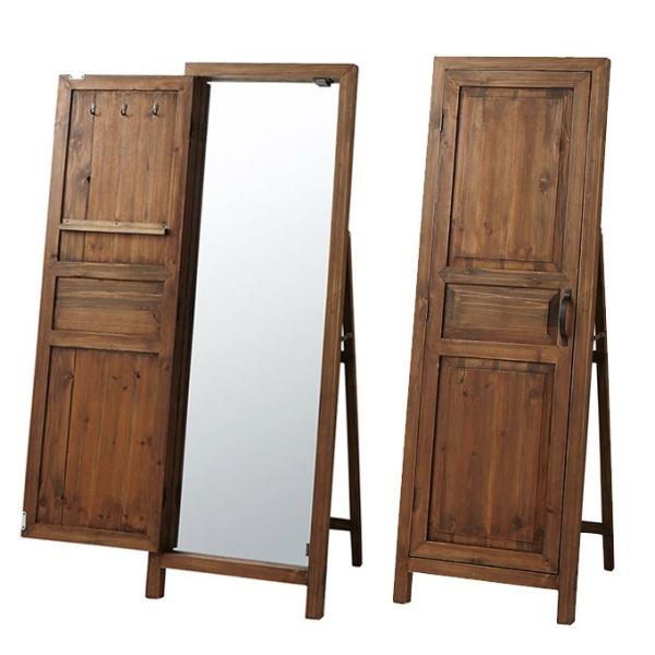 鏡 スタンドミラー 姿見 鏡台 全身鏡 立て掛け ドアミラー 扉 天然木 高さ134cm 一人暮らし...