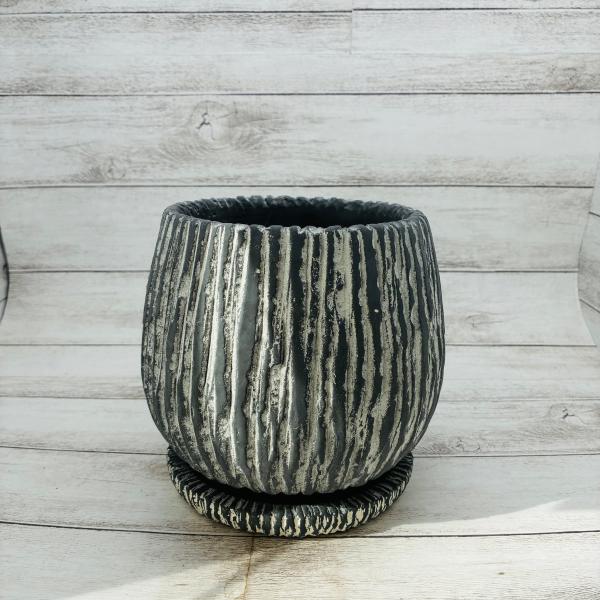 5号　丸型アンティーク陶器鉢　受け皿付き　グレー　おしゃれ　観葉植物　　室内　引っ越し　ギフト