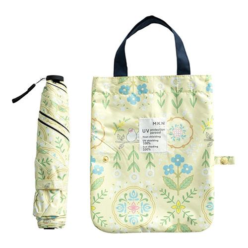 三国 MKN 遮光&amp;遮熱 黒PU傘 50cm軽量コンパクトミニ 花文様・文鳥(トートバッグ) イエロ...