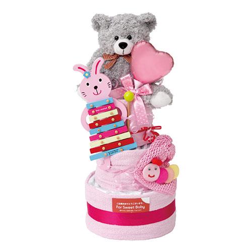 アークフラワースタジオ おむつケーキ3段 女の子 〔紙おむつSサイズ・約34×80cmタオル・クマの...