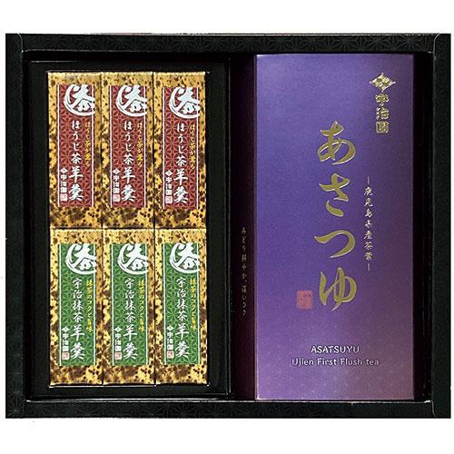 〔6セット〕 宇治園 緑茶・羊羹セット 〔緑茶(あさつゆ)/100g・抹茶一口羊羹/48g×3・ほう...