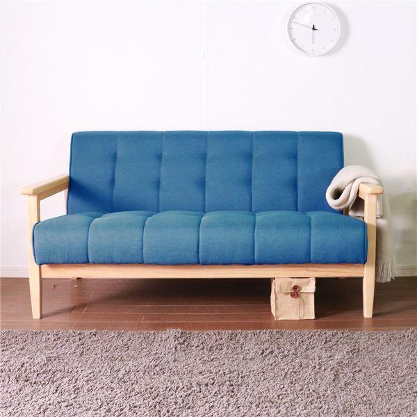 レトロ ソファー 〔2人掛け ブルー〕 135×73×70(40)cm 木製 肘付き 脚付き 組立品...