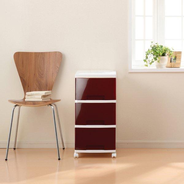 衣類収納 タンス 3段 ワインレッド 日本製 キャスター付き 引き出し LUGS ルーム チェスト ...