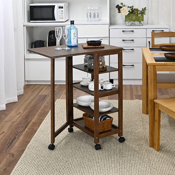 キッチンワゴン 片バタワゴン 約高さ85cm ブラウン 3段階 高さ調節可 キャスター付き キッチン...