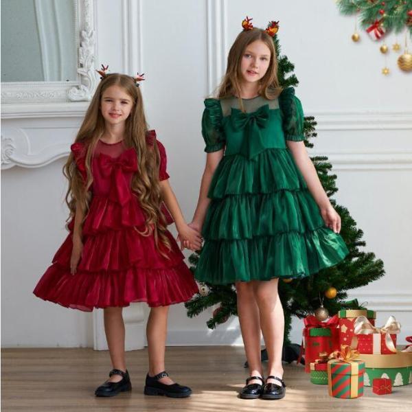 子供ドレス フォーマル　3重チュチュワンピース　キッズ女の子クリスマスワンピース　リボン　パフスリー...