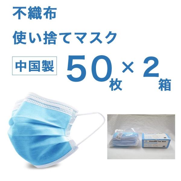 【50枚入り×2箱セット】 不織布 使い捨てマスク 中国製 風邪 花粉対策 大人用 ふつうサイズ 男...