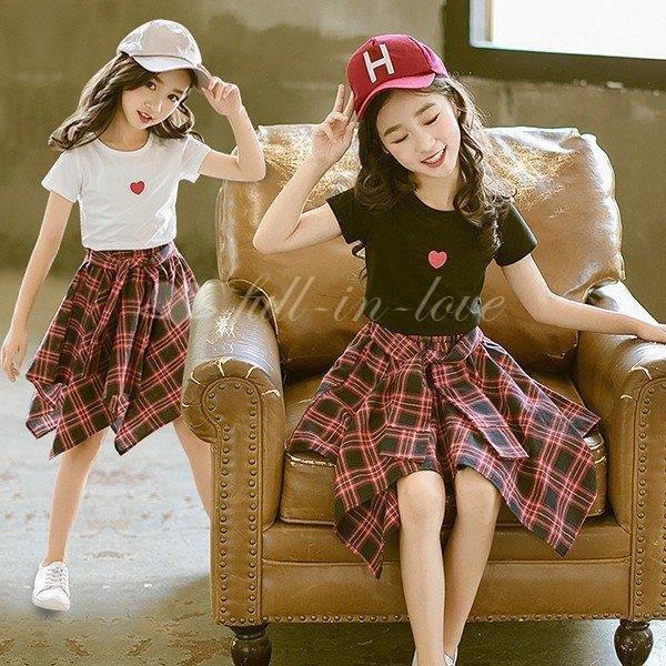 子供服 セットアップ キッズ 女の子 半袖 春夏 2点セット 上下セット Tシャツ 薄手 膝丈スカー...