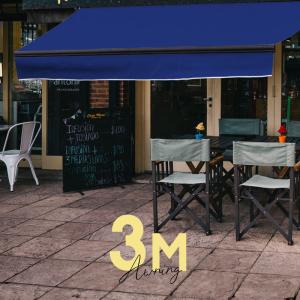オーニングテント 日よけ 雨よけ 伸縮 幅3m×張出2m 青白 ストライプ