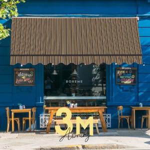 オーニングテント 3M 張出 2m 巻き取り式 防水 格納式 手動 黒フレーム ミックス ストライプ 折りたたみ 日よけ