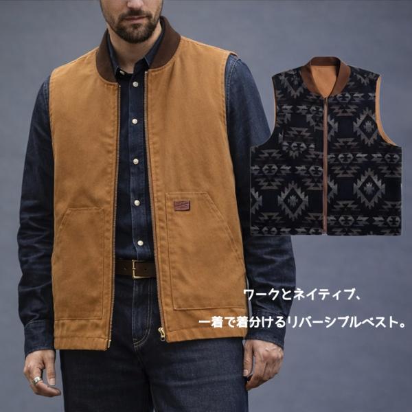 ワークベスト メンズ リバーシブル仕様 コットンキャンバス ネイティブ柄 ベスト 秋冬 重ね着 アメ...