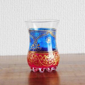 チャイグラス ブルー×ワインレッド チューリップ型 グラス ガラスコップ 花底 チュニジア 038e038e｜ktsamantha