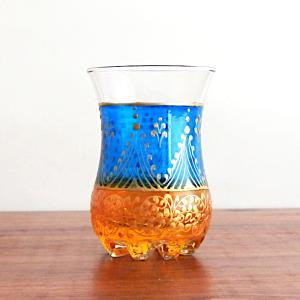 チャイグラス ブルー×オレンジ チューリップ型 グラス ガラスコップ 花底 チュニジア 042｜ktsamantha