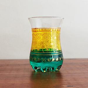 チャイグラス イエロー×グリーン チューリップ型 グラス ガラスコップ 花底 チュニジア 095o｜ktsamantha