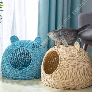 藤編み 猫ハウス ドーム型 ラタン ペットベッド 屋根付き 二階 キャットケージ 猫ネスト 犬 猫 ウサギ 柳編み 細工品 手編み ラタンかご 小動物用ケージ 夏用｜kuku-store