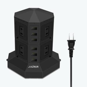 JIACHAN 電源タップタワー式 6個USB 8個コンセント 約 3ｍ 急速充電 雷ガード 過負荷保護 ブラック｜kumakumastore