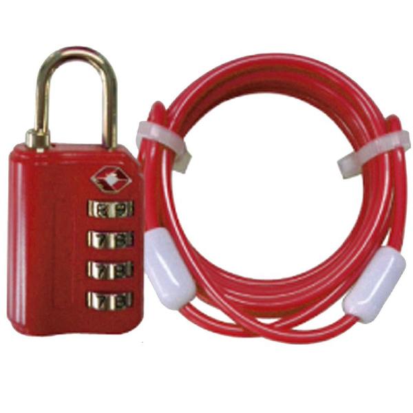 アメリカ安全運輸局認定 TSA 4ダイヤルロック 鍵 (1.8m ワイヤー 付き) レッド