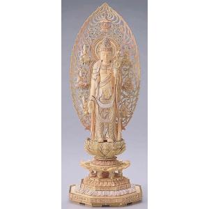 仏像 切りがね淡彩色 聖観音様 総柘植八角台 唐草光背5.0号