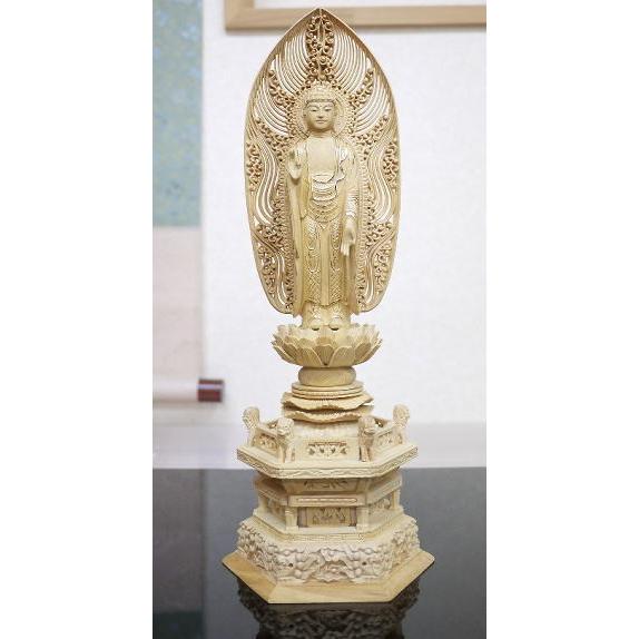 仏像 浄土宗本尊 舟弥陀 4.0寸 柘植 六角麒麟台座 水煙光背 眼入 仏切金