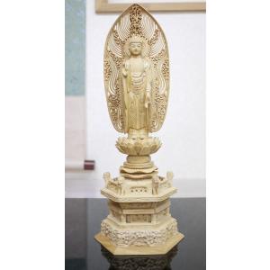 仏像 柘植 六角鬼面麒麟台座 水煙光背 眼入 仏切金 浄土宗本尊 舟弥陀 6.0寸