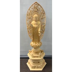 仏像 浄土宗 ご本尊 舟弥陀 柘植 六角台座 飛天光背 切金付 4.0寸