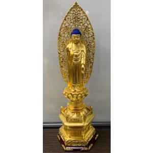 仏像 浄土宗 ご本尊 舟弥陀 総金箔 六角台座 唐草光背 4.0寸