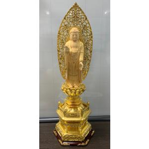 仏像 浄土宗 ご本尊 舟弥陀 金箔 六角台座 柘植 唐草光背 切金付 4.0寸