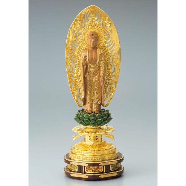 仏像 ご本尊 浄土宗 舟立弥陀 4.0寸（翔）白檀 上彫 純金箔押木瓜 丸台座 監修証付