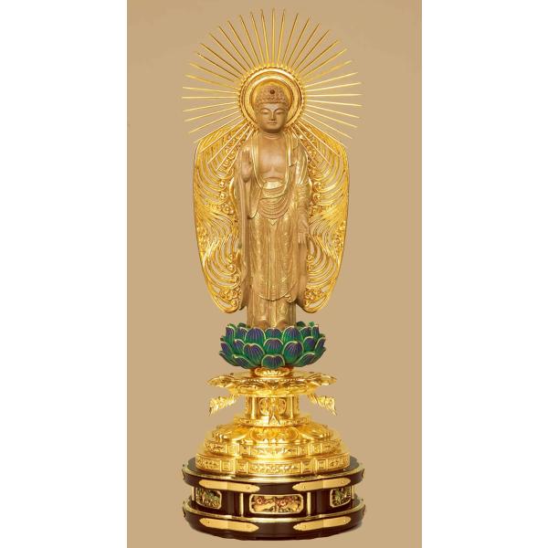 仏像 ご本尊 浄土真宗本願寺派 西立弥陀 6.0寸（翔）白檀 上彫 純金箔押木瓜 丸台座 監修証付