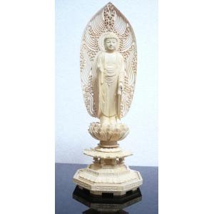 仏像 浄土宗 ご本尊 舟弥陀 柘植 八角台座 水煙光背 4.5寸