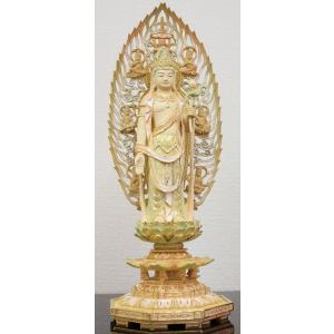 仏像 切りがね淡彩色 聖観音様　総柘植八角台 天人光背6.0寸