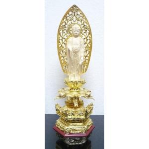 仏像 浄土宗 ご本尊 舟弥陀 仏柘植 六角ケマン台座 唐草光背 4.5寸