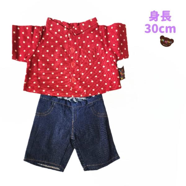 ぬいぐるみ服 30CM 上下セット 前あきシャツ 赤 ドット デニムパンツ 紺 ダッフィーSS Be...