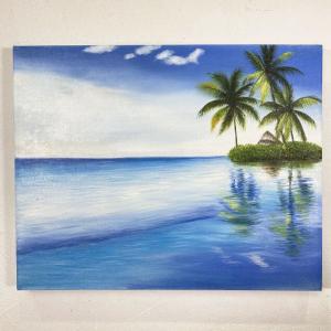 海の絵 海とヤシの木 サンセット ビーチ W50×H30cm 夕日 絵画 波の絵