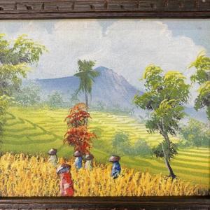 バリ絵画 風景画 稲刈りとバトゥール山 サンセ...の詳細画像2