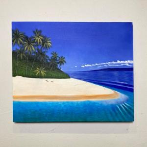 海の絵 海とヤシの木 海岸 W50×H40cm 波 アート イラスト バリ絵画