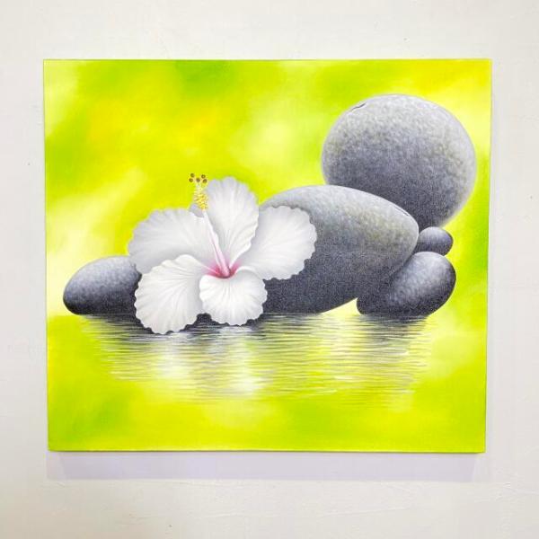 バリ 絵画 花の絵 ハイビスカス ストーン W90×H80cm フレーム無し 壁掛け アートパネル ...