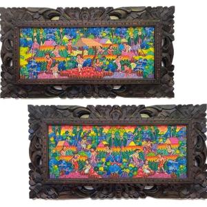 バリ絵画 風景画 額付き W63×H33cm アートパネル ヤングアーティスト アジアン アート バリ ウブド