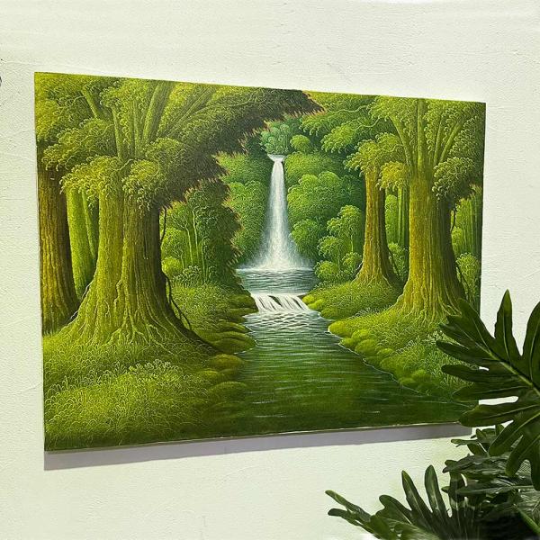 森の絵 滝の絵 森の滝 W90×H70cm バリ絵画 アートパネル 大きい 風景画 フレームなし 癒...