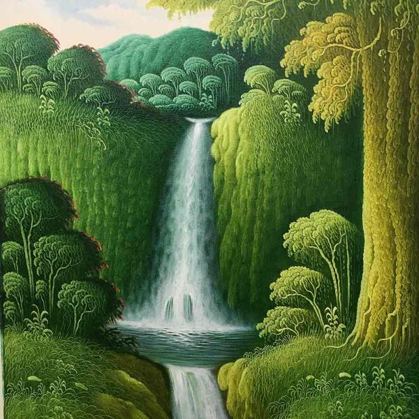 森の絵 滝の絵 森の滝 フレームなし W60×H80cm 緑 グリーン バリ絵画  開運　風水　癒し