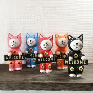 木彫り ネコ3体セット インテリア 置き物 木製オブジェ アジアン バリ